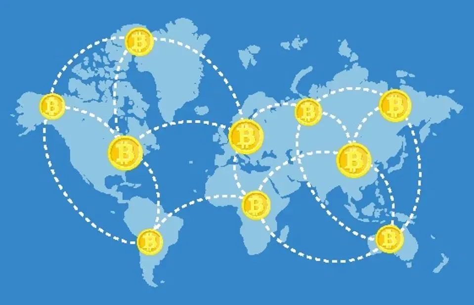 A map of the world with bitcoin network lines overlaid.
