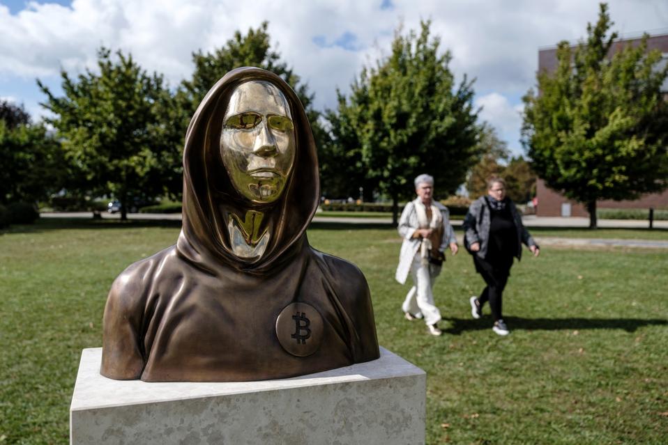 A statue of Satoshi Nakamoto, a pseudonym used by the inventor of bitcoin, is displayed in Graphisoft Park in Budapest, Hungary.